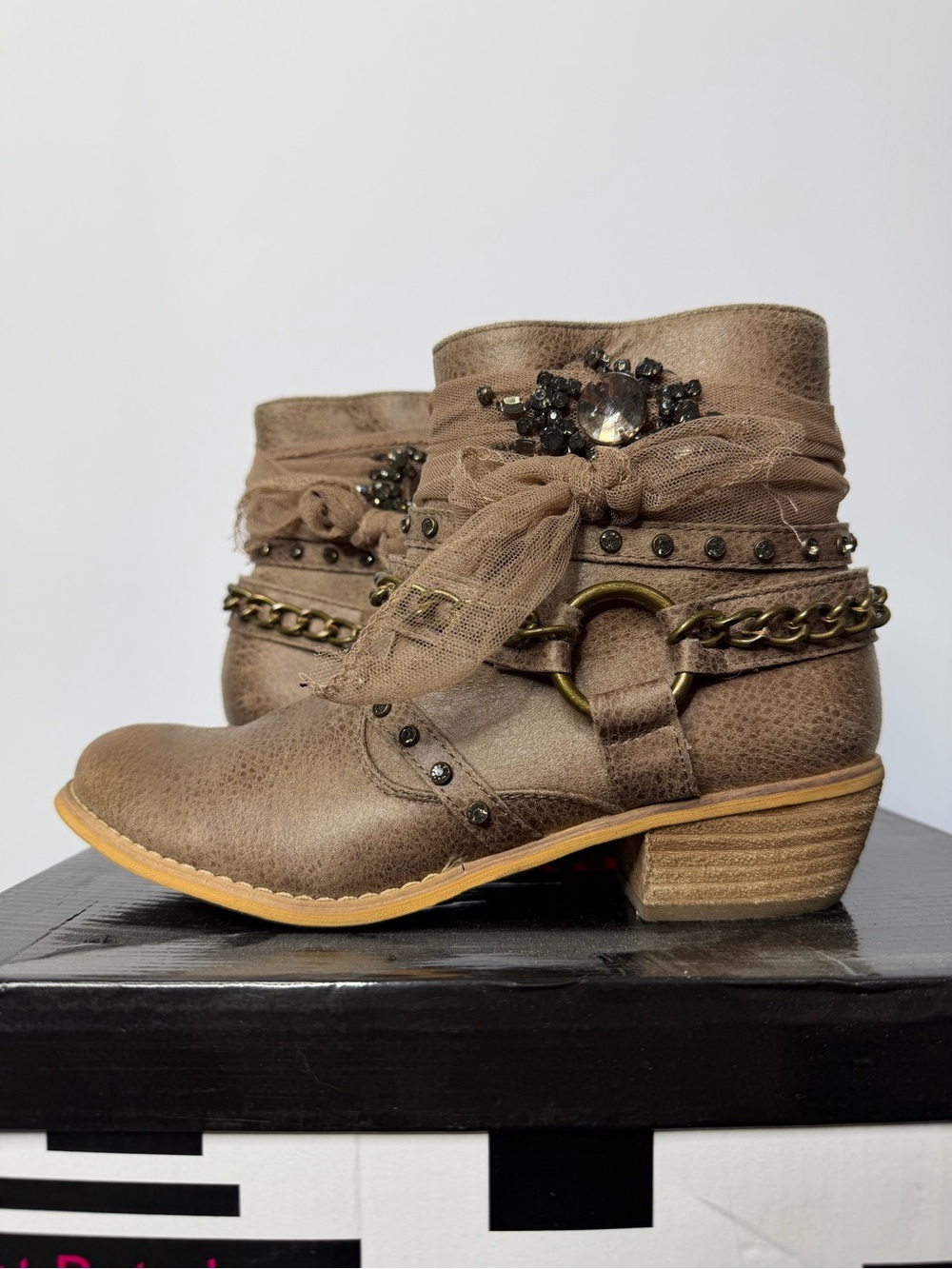 Not Rated Taupe Embellished Ankle Boots with Chain and Bow